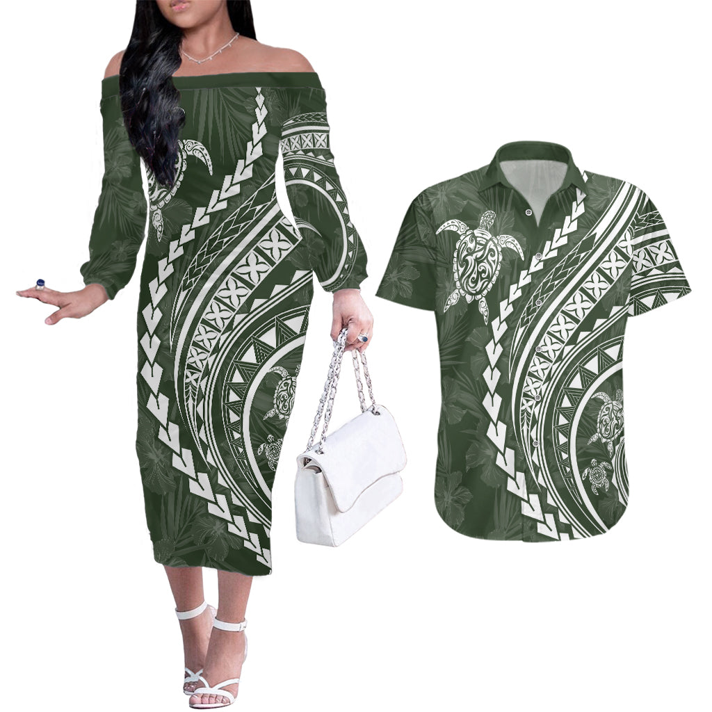 Polynesian Pride Couples Matching Off The Shoulder Long Sleeve Dress and Hawaiian Shirt Turtle Hibiscus Luxury Style - Sage LT7 Sage - Polynesian Pride