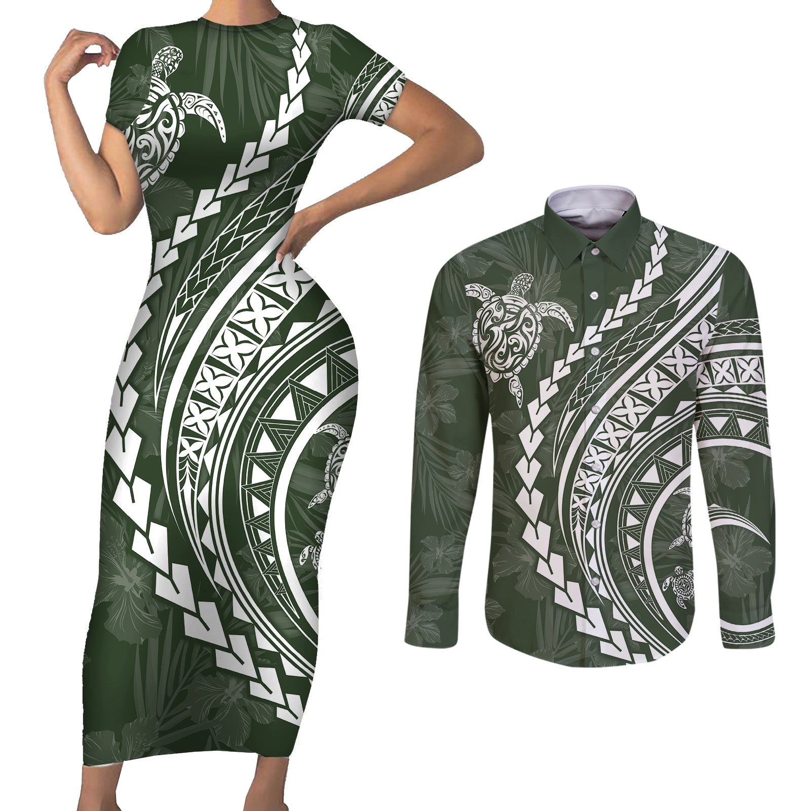 Polynesian Pride Couples Matching Short Sleeve Bodycon Dress and Long Sleeve Button Shirts Turtle Hibiscus Luxury Style - Sage LT7 Sage - Polynesian Pride