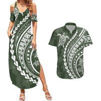 Polynesian Pride Couples Matching Summer Maxi Dress and Hawaiian Shirt Turtle Hibiscus Luxury Style - Sage LT7 Sage - Polynesian Pride