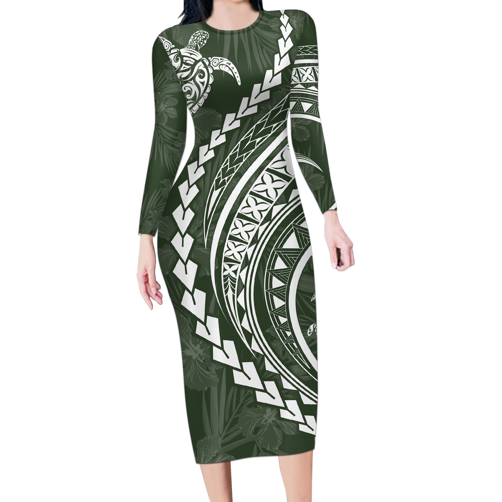 Polynesian Pride Long Sleeve Bodycon Dress Turtle Hibiscus Luxury Style - Sage LT7 Long Dress Sage - Polynesian Pride