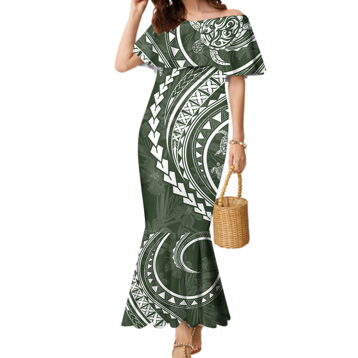 Polynesian Pride Mermaid Dress Turtle Hibiscus Luxury Style - Sage LT7 Women Sage - Polynesian Pride