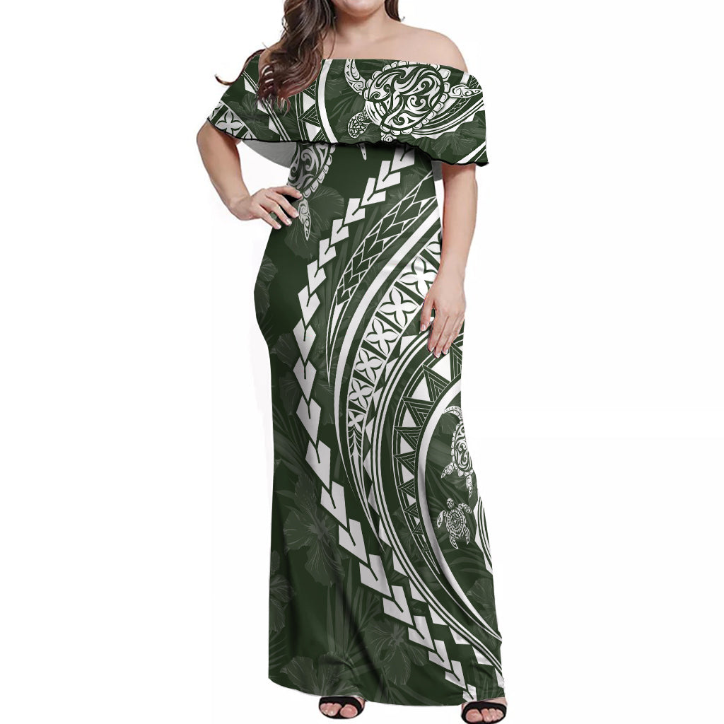 Polynesian Pride Off Shoulder Maxi Dress Turtle Hibiscus Luxury Style - Sage LT7 Women Sage - Polynesian Pride