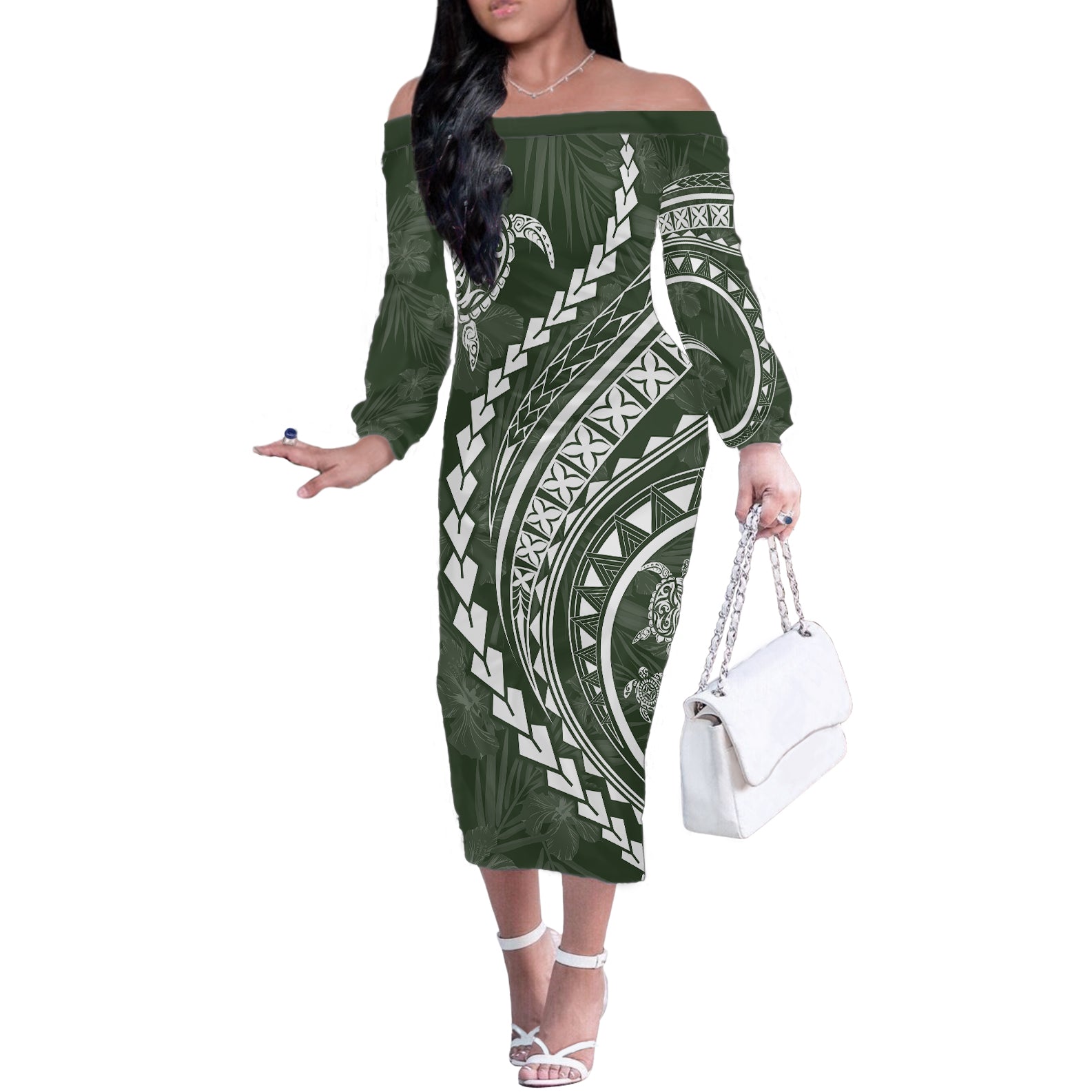 Polynesian Pride Off The Shoulder Long Sleeve Dress Turtle Hibiscus Luxury Style - Sage LT7 Women Sage - Polynesian Pride