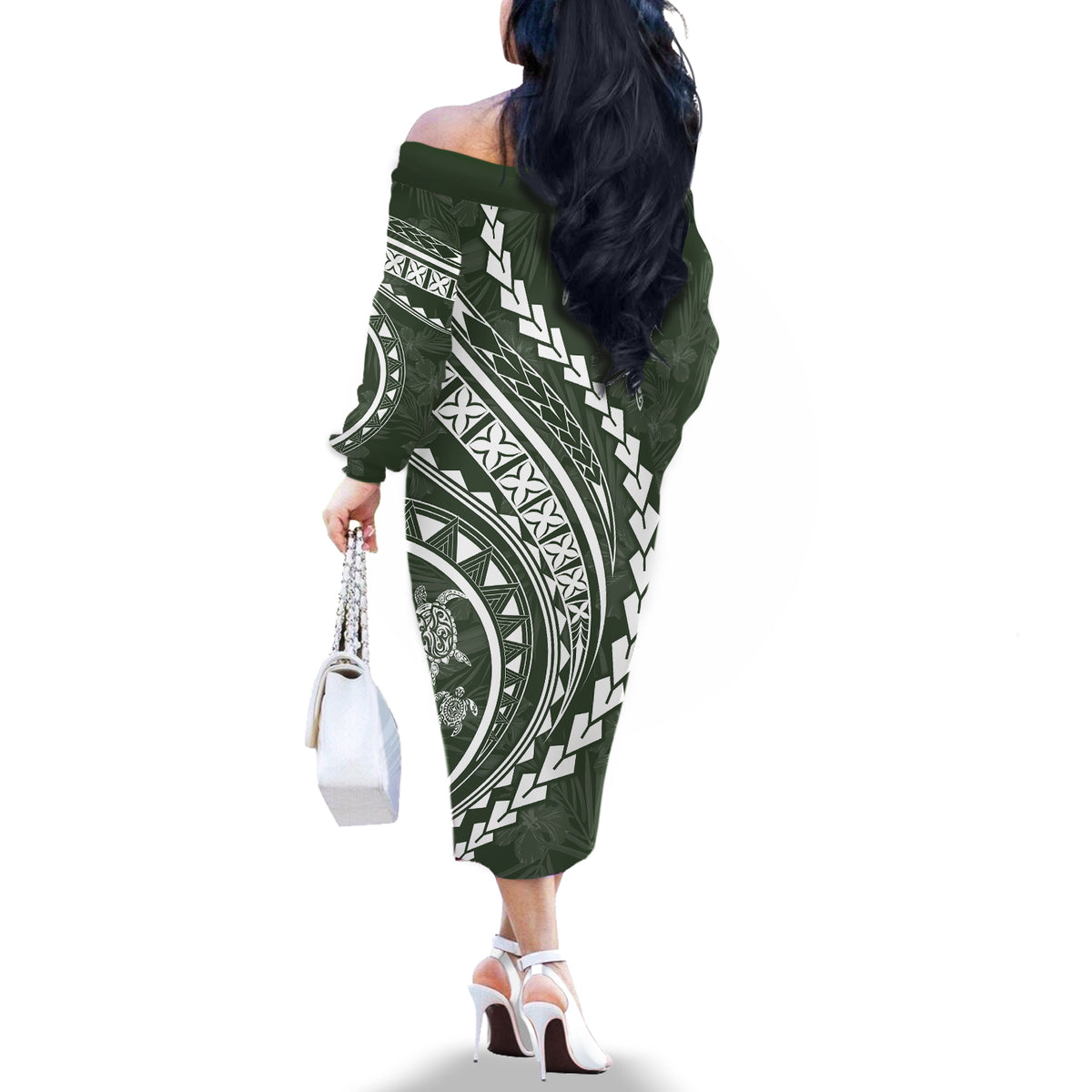 Polynesian Pride Off The Shoulder Long Sleeve Dress Turtle Hibiscus Luxury Style - Sage LT7 - Polynesian Pride