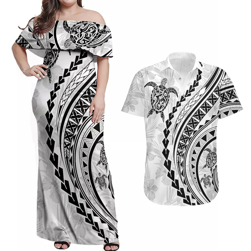 Polynesian Pride Couples Matching Off Shoulder Maxi Dress and Hawaiian Shirt Turtle Hibiscus Luxury Style - White LT7 White - Polynesian Pride