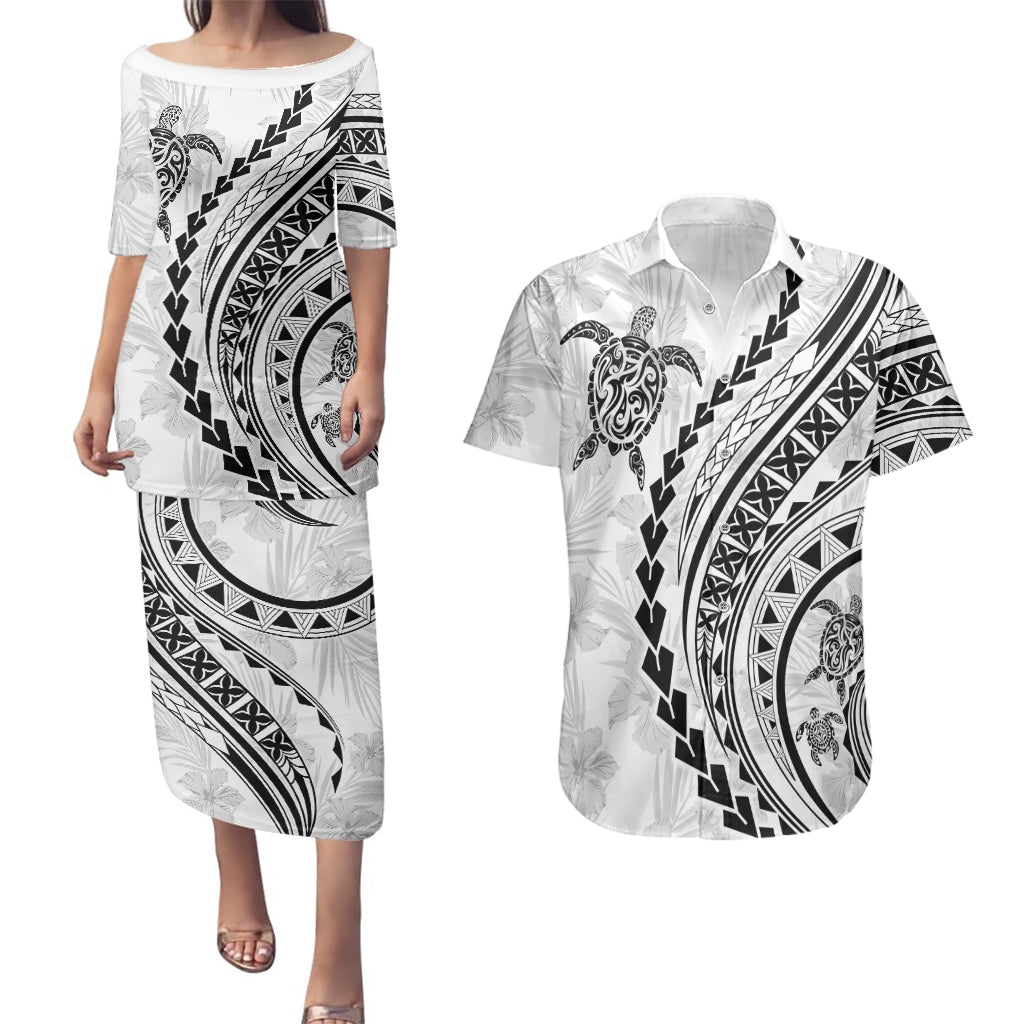 Polynesian Pride Couples Matching Puletasi Dress and Hawaiian Shirt Turtle Hibiscus Luxury Style - White LT7 White - Polynesian Pride