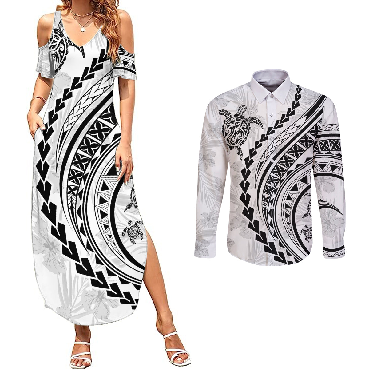 Polynesian Pride Couples Matching Summer Maxi Dress and Long Sleeve Button Shirts Turtle Hibiscus Luxury Style - White LT7 White - Polynesian Pride