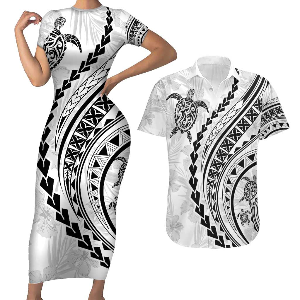 Polynesian Pride Couples Matching Short Sleeve Bodycon Dress and Hawaiian Shirt Turtle Hibiscus Luxury Style - White LT7