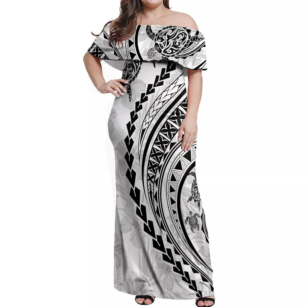 Polynesian Pride Off Shoulder Maxi Dress Turtle Hibiscus Luxury Style - White LT7 Women White - Polynesian Pride