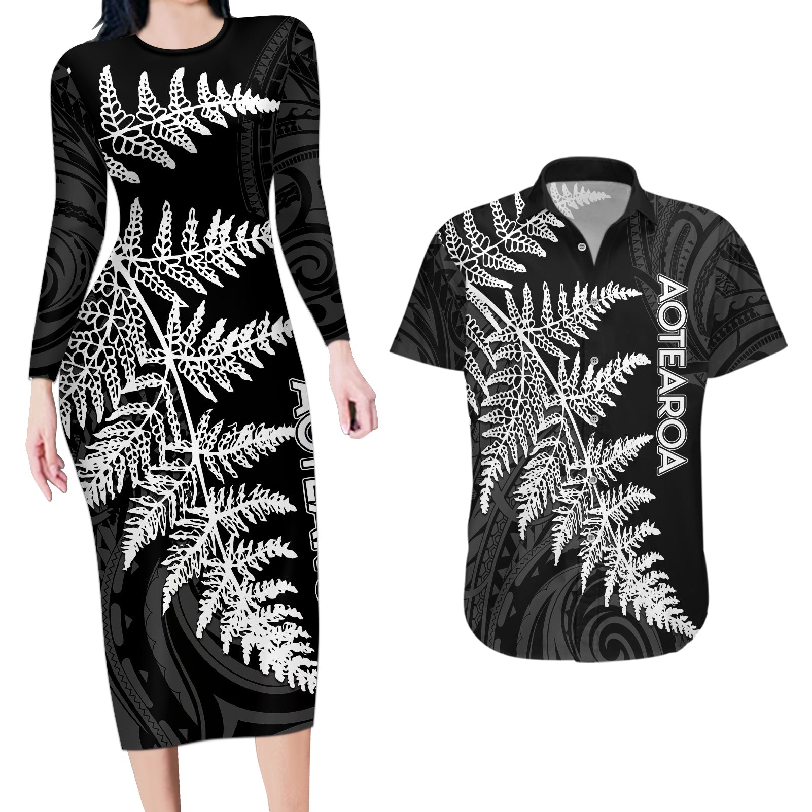 Personalised New Zealand Rugby Couples Matching Long Sleeve Bodycon Dress and Hawaiian Shirt World Cup 2023 Silver Fern Champions LT7 Black - Polynesian Pride