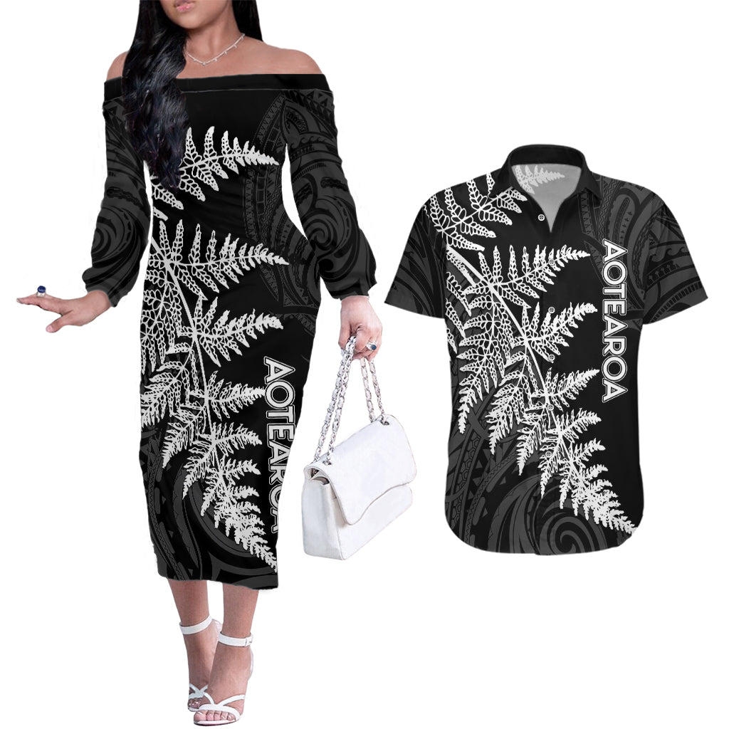 Personalised New Zealand Rugby Couples Matching Off The Shoulder Long Sleeve Dress and Hawaiian Shirt World Cup 2023 Silver Fern Champions LT7 Black - Polynesian Pride