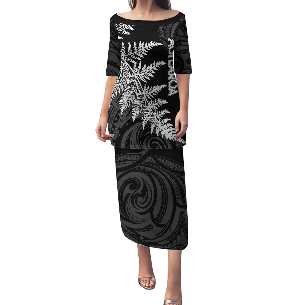 Personalised New Zealand Rugby Puletasi World Cup 2023 Silver Fern Champions LT7 Long Dress Black - Polynesian Pride