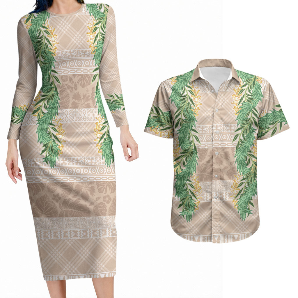 Hawai'i Paniolo Maile Twisted Lei Couples Matching Long Sleeve Bodycon Dress and Hawaiian Shirt Almond Brown
