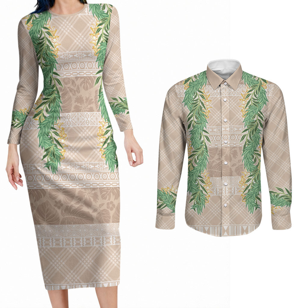 Hawai'i Paniolo Maile Twisted Lei Couples Matching Long Sleeve Bodycon Dress and Long Sleeve Button Shirt Almond Brown LT7 Brown - Polynesian Pride