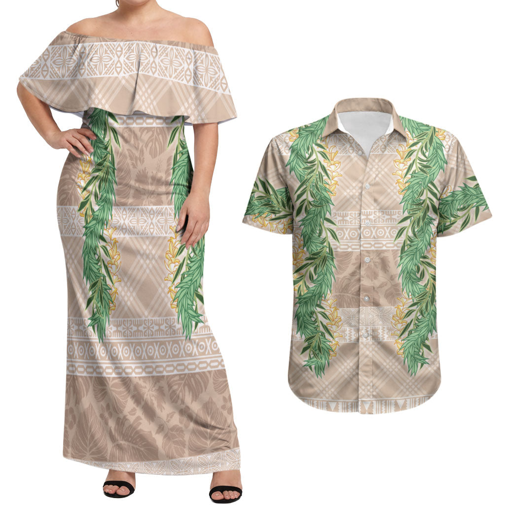 Hawai'i Paniolo Maile Twisted Lei Couples Matching Off Shoulder Maxi Dress and Hawaiian Shirt Almond Brown LT7 Brown - Polynesian Pride