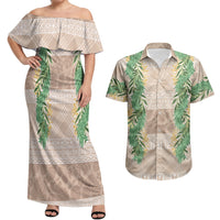 Hawai'i Paniolo Maile Twisted Lei Couples Matching Off Shoulder Maxi Dress and Hawaiian Shirt Almond Brown LT7 Brown - Polynesian Pride