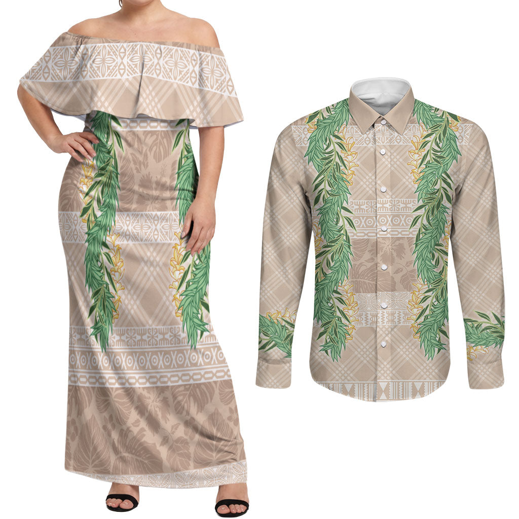 Hawai'i Paniolo Maile Twisted Lei Couples Matching Off Shoulder Maxi Dress and Long Sleeve Button Shirt Almond Brown LT7 Brown - Polynesian Pride