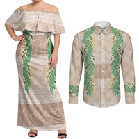 Hawai'i Paniolo Maile Twisted Lei Couples Matching Off Shoulder Maxi Dress and Long Sleeve Button Shirt Almond Brown LT7 Brown - Polynesian Pride