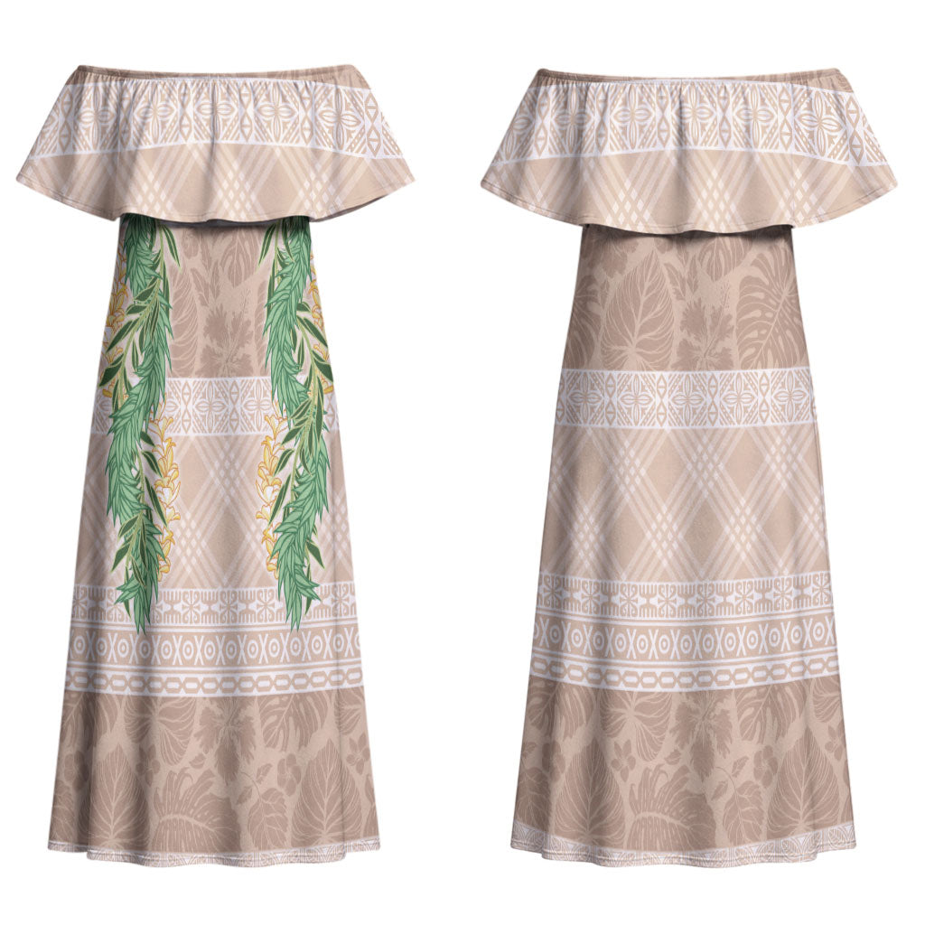Hawai'i Paniolo Maile Twisted Lei Couples Matching Off Shoulder Maxi Dress and Long Sleeve Button Shirt Almond Brown LT7 - Polynesian Pride