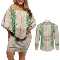 Hawai'i Paniolo Maile Twisted Lei Couples Matching Off Shoulder Short Dress and Long Sleeve Button Shirt Almond Brown LT7 Brown - Polynesian Pride