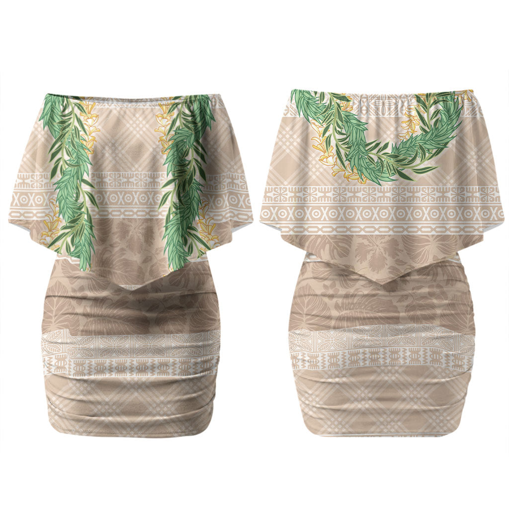 Hawai'i Paniolo Maile Twisted Lei Couples Matching Off Shoulder Short Dress and Long Sleeve Button Shirt Almond Brown LT7 - Polynesian Pride