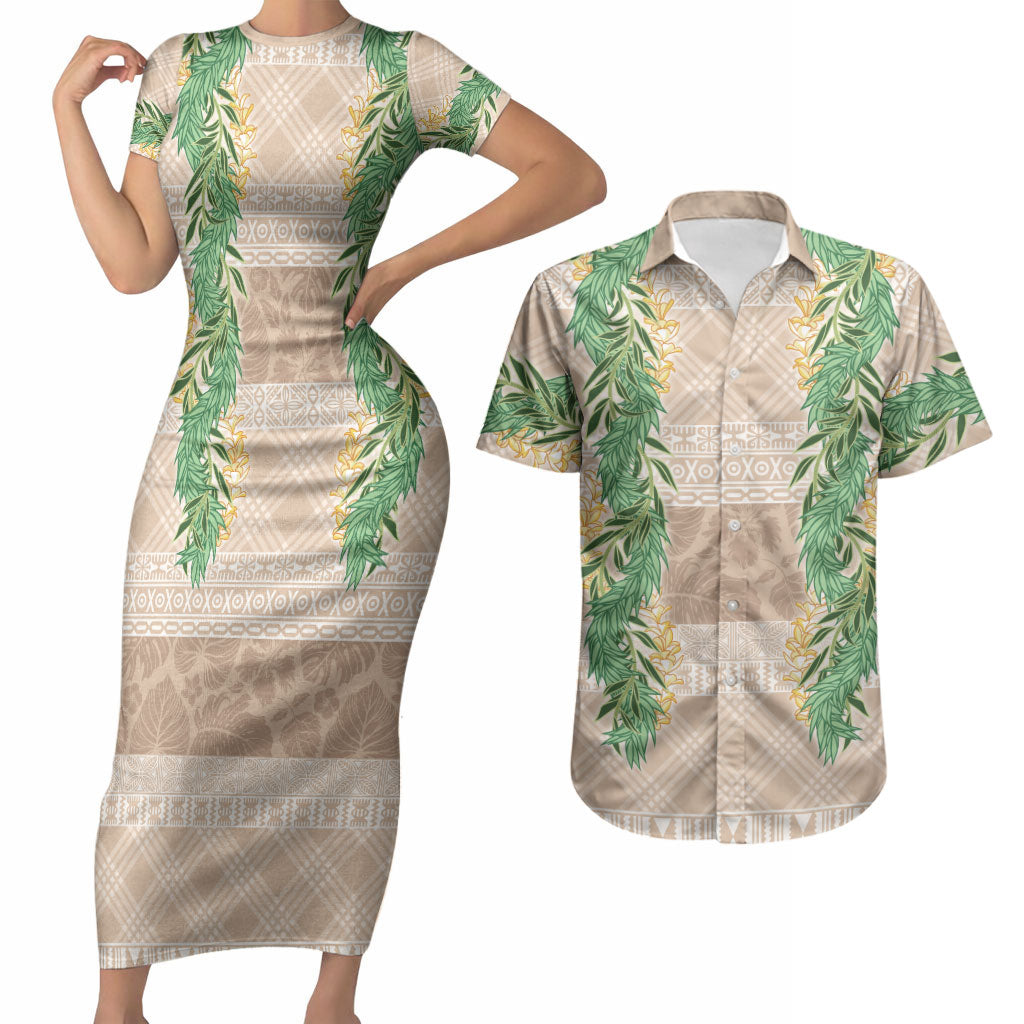 Hawai'i Paniolo Maile Twisted Lei Couples Matching Short Sleeve Bodycon Dress and Hawaiian Shirt Almond Brown