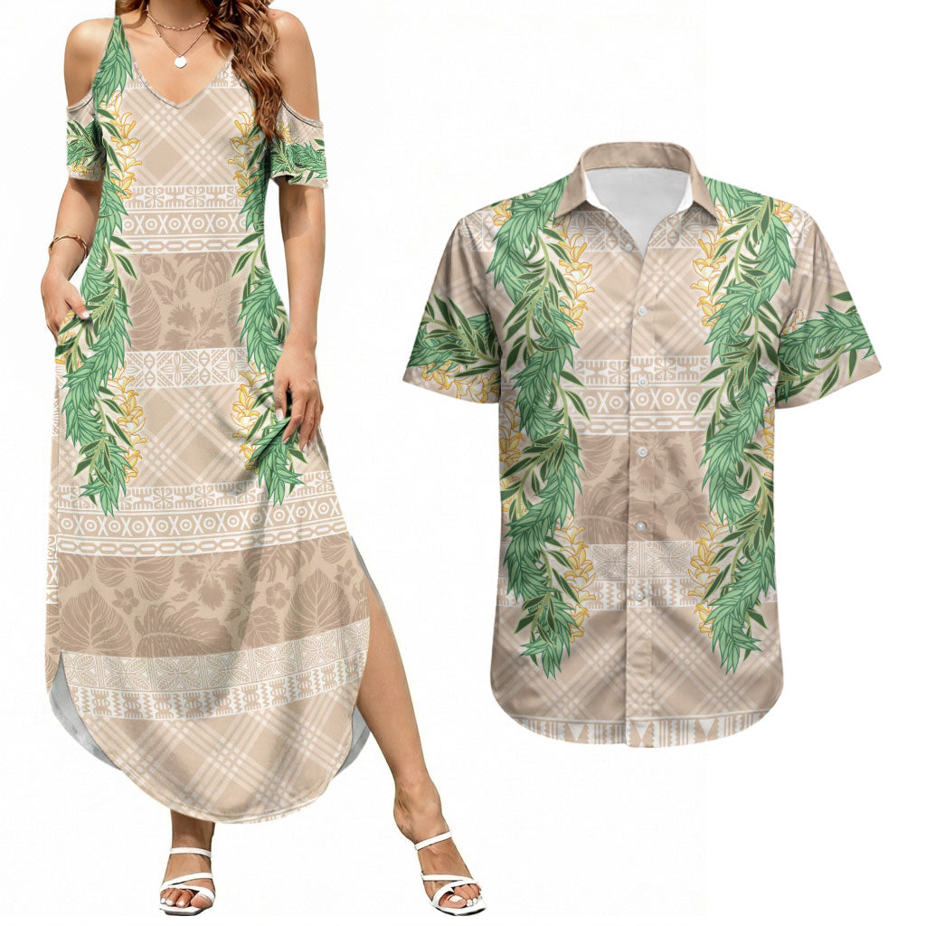 Hawai'i Paniolo Maile Twisted Lei Couples Matching Summer Maxi Dress and Hawaiian Shirt Almond Brown LT7 Brown - Polynesian Pride