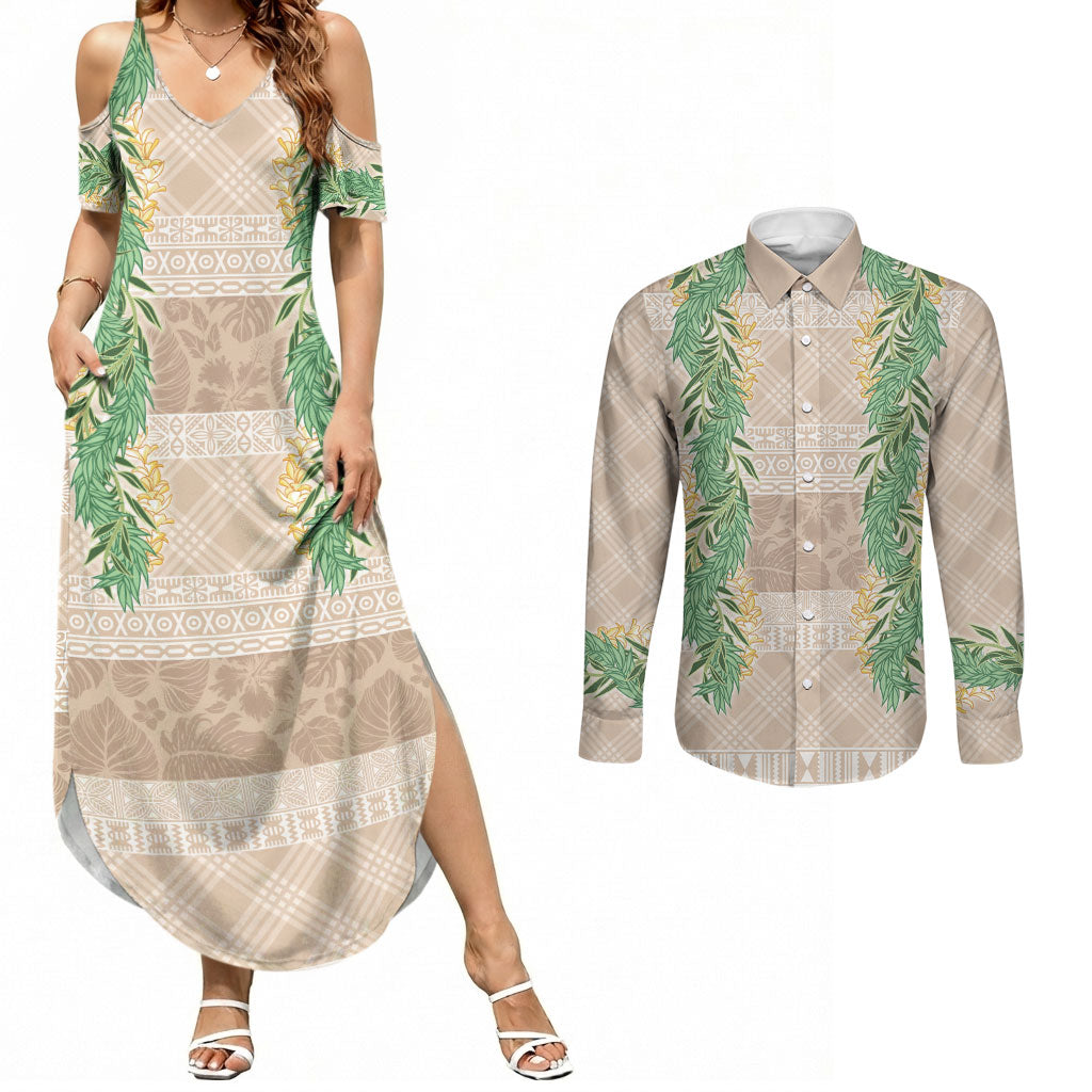 Hawai'i Paniolo Maile Twisted Lei Couples Matching Summer Maxi Dress and Long Sleeve Button Shirt Almond Brown LT7 Brown - Polynesian Pride