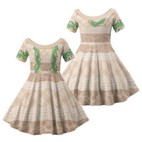 Hawai'i Paniolo Maile Twisted Lei Family Matching Off Shoulder Short Dress and Hawaiian Shirt Almond Brown LT7 Daughter's Dress Brown - Polynesian Pride