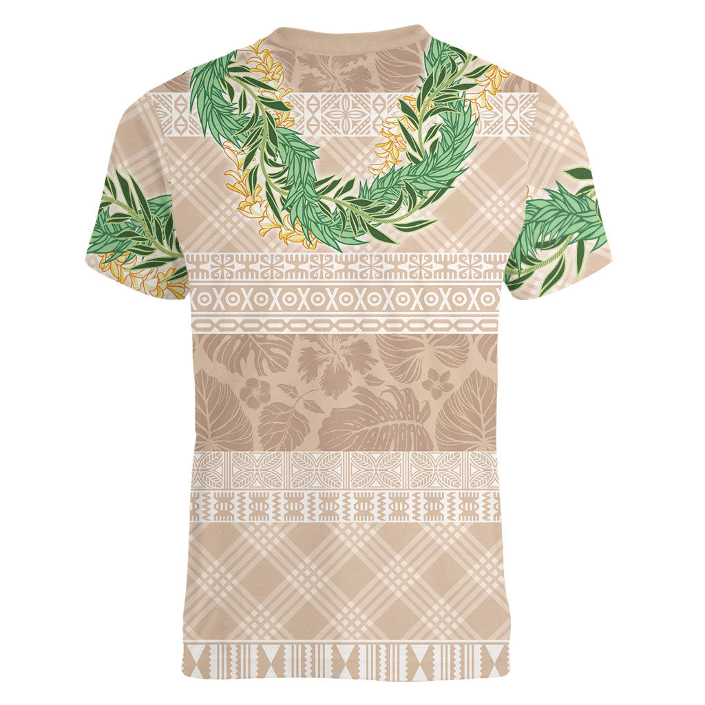 Hawai'i Paniolo Maile Twisted Lei Women V-Neck T-Shirt Almond Brown LT7 - Polynesian Pride
