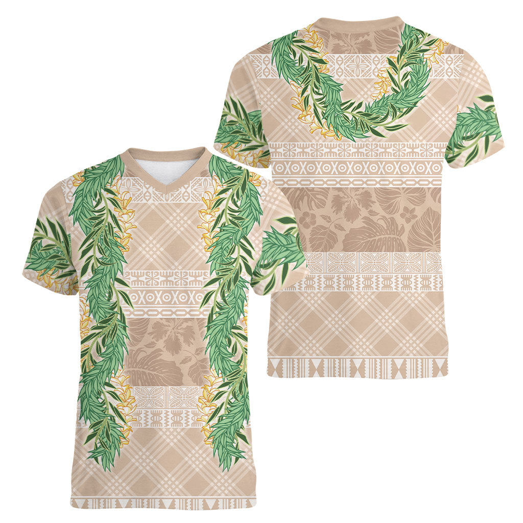 Hawai'i Paniolo Maile Twisted Lei Women V-Neck T-Shirt Almond Brown LT7 - Polynesian Pride