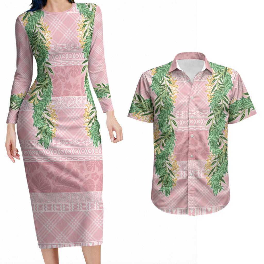 Hawai'i Paniolo Maile Twisted Lei Couples Matching Long Sleeve Bodycon Dress and Hawaiian Shirt Dusty Rose