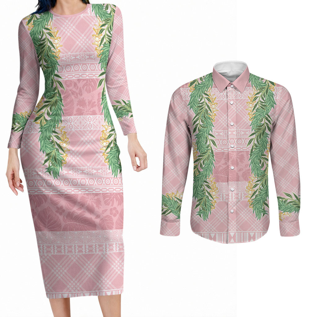 Hawai'i Paniolo Maile Twisted Lei Couples Matching Long Sleeve Bodycon Dress and Long Sleeve Button Shirt Dusty Rose LT7 Dusty Rose - Polynesian Pride