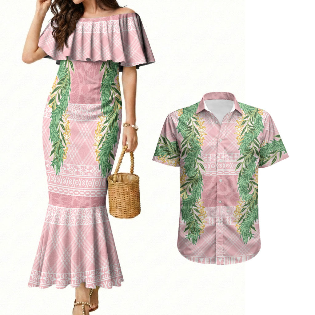 Hawai'i Paniolo Maile Twisted Lei Couples Matching Mermaid Dress and Hawaiian Shirt Dusty Rose