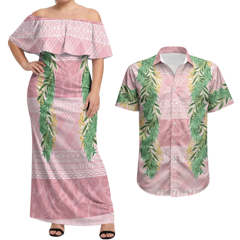 Hawai'i Paniolo Maile Twisted Lei Couples Matching Off Shoulder Maxi Dress and Hawaiian Shirt Dusty Rose