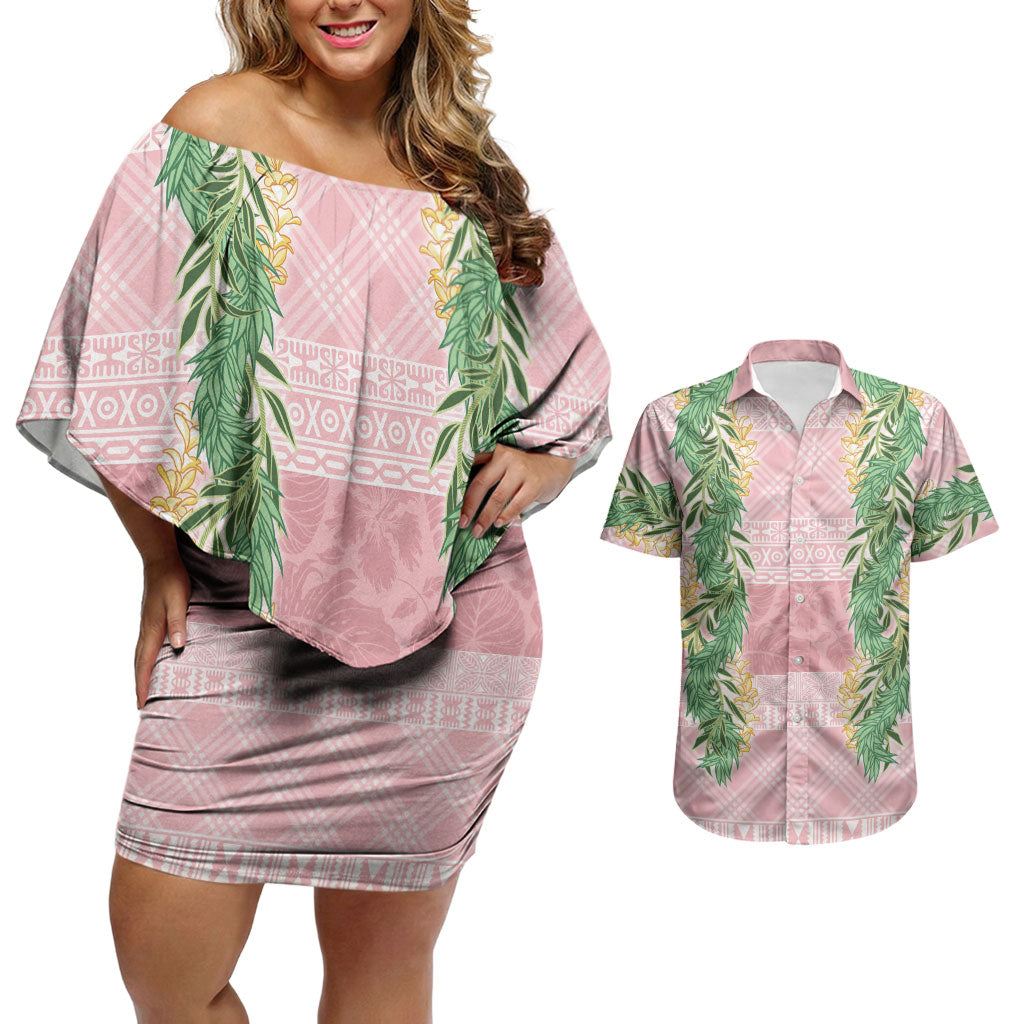 Hawai'i Paniolo Maile Twisted Lei Couples Matching Off Shoulder Short Dress and Hawaiian Shirt Dusty Rose LT7 Dusty Rose - Polynesian Pride