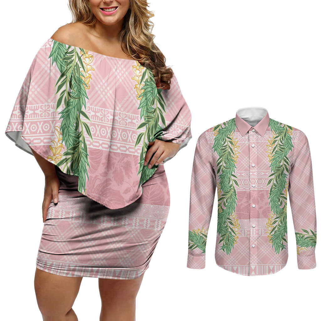 Hawai'i Paniolo Maile Twisted Lei Couples Matching Off Shoulder Short Dress and Long Sleeve Button Shirt Dusty Rose LT7 Dusty Rose - Polynesian Pride