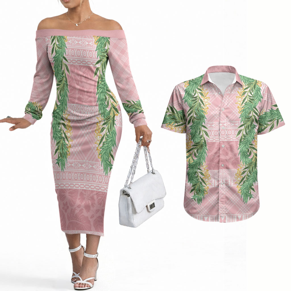 Hawai'i Paniolo Maile Twisted Lei Couples Matching Off The Shoulder Long Sleeve Dress and Hawaiian Shirt Dusty Rose