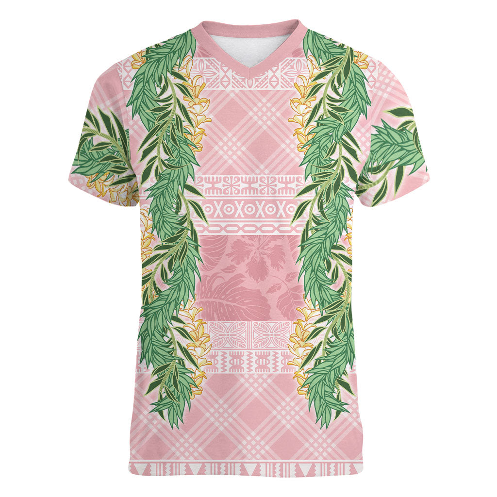 Hawai'i Paniolo Maile Twisted Lei Women V-Neck T-Shirt Dusty Rose