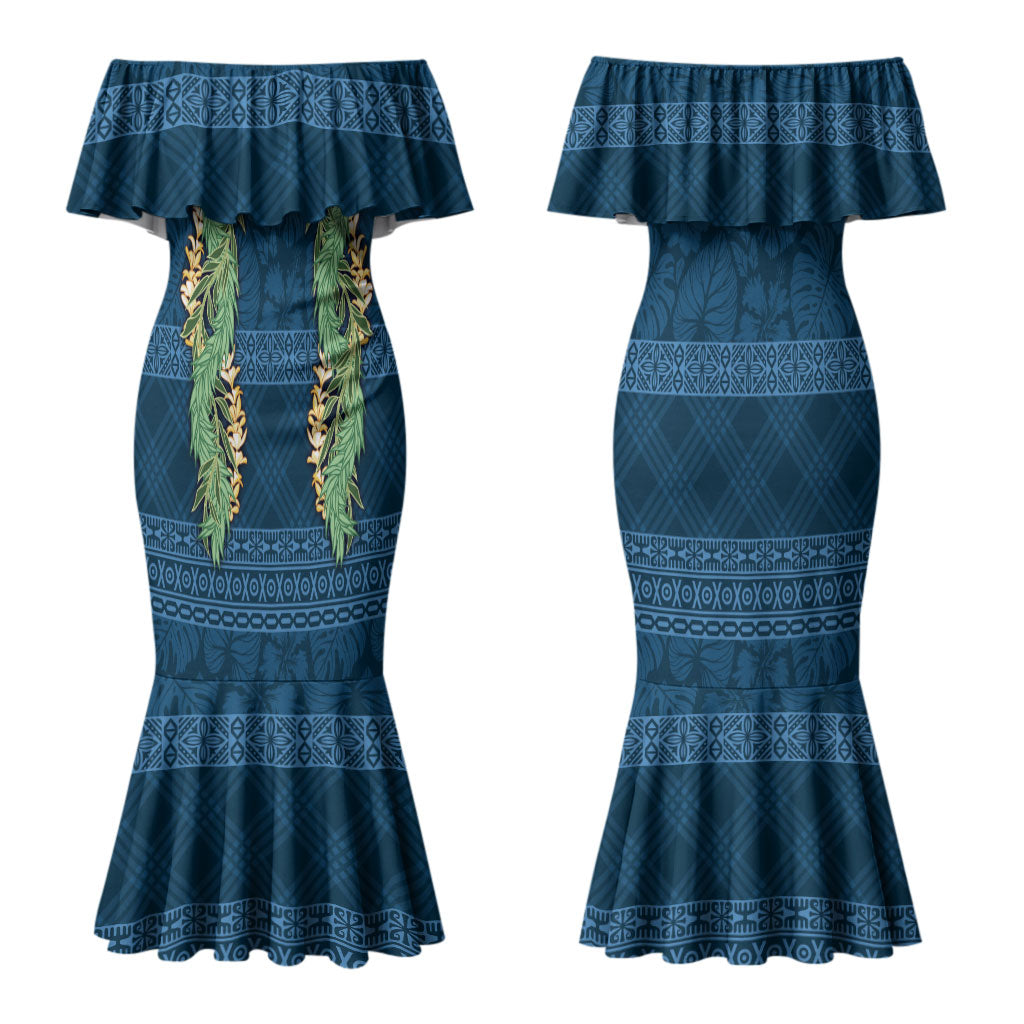 Hawai'i Paniolo Maile Twisted Lei Couples Matching Mermaid Dress and Hawaiian Shirt Cobalt Blue LT7 - Polynesian Pride