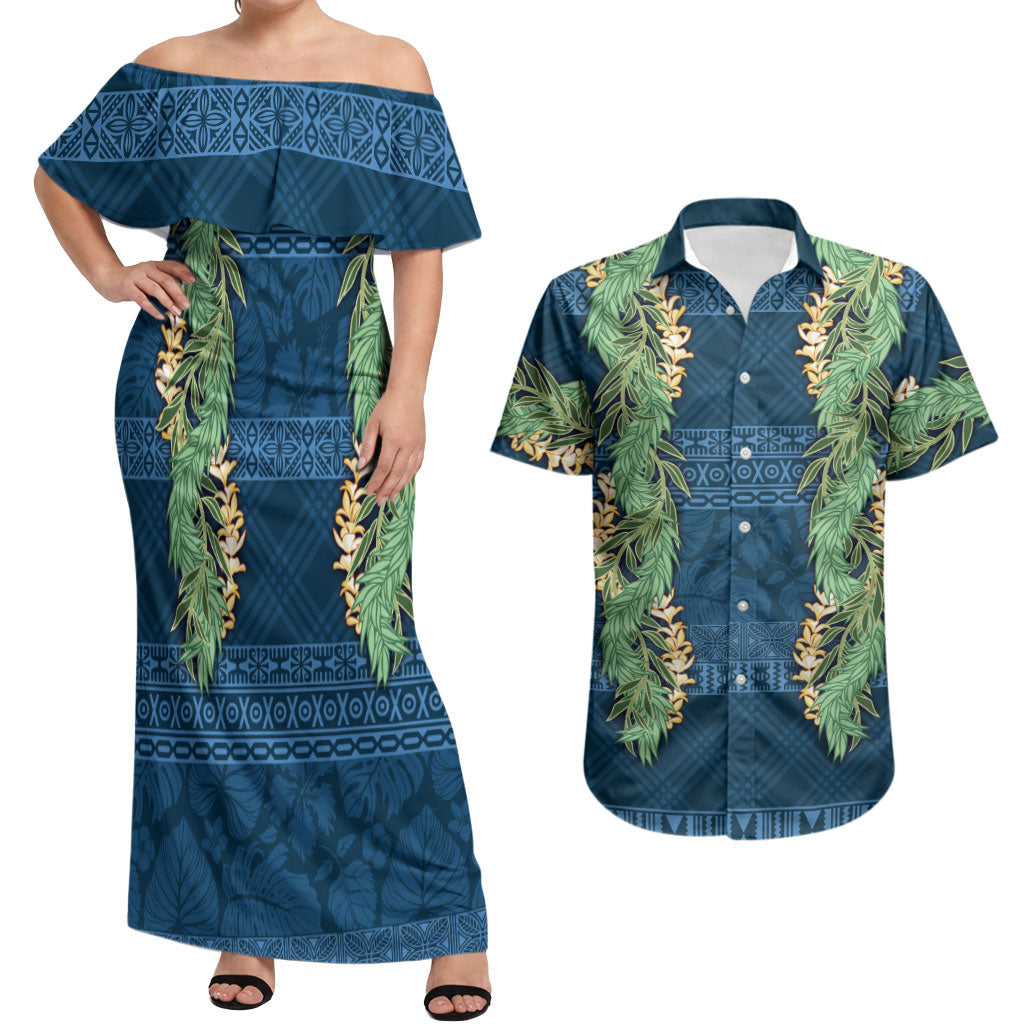 Hawai'i Paniolo Maile Twisted Lei Couples Matching Off Shoulder Maxi Dress and Hawaiian Shirt Cobalt Blue LT7 Cobalt Blue - Polynesian Pride