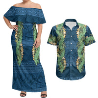 Hawai'i Paniolo Maile Twisted Lei Couples Matching Off Shoulder Maxi Dress and Hawaiian Shirt Cobalt Blue LT7 Cobalt Blue - Polynesian Pride