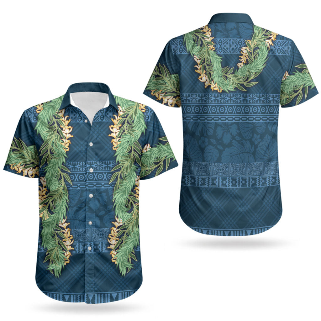 Hawai'i Paniolo Maile Twisted Lei Couples Matching Off Shoulder Maxi Dress and Hawaiian Shirt Cobalt Blue LT7 - Polynesian Pride