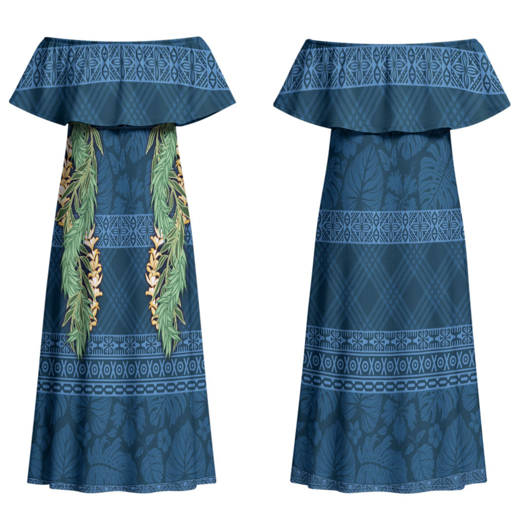 Hawai'i Paniolo Maile Twisted Lei Couples Matching Off Shoulder Maxi Dress and Hawaiian Shirt Cobalt Blue LT7 - Polynesian Pride