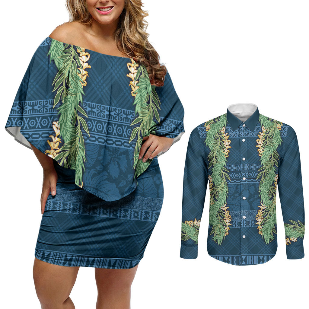 Hawai'i Paniolo Maile Twisted Lei Couples Matching Off Shoulder Short Dress and Long Sleeve Button Shirt Cobalt Blue LT7 Cobalt Blue - Polynesian Pride