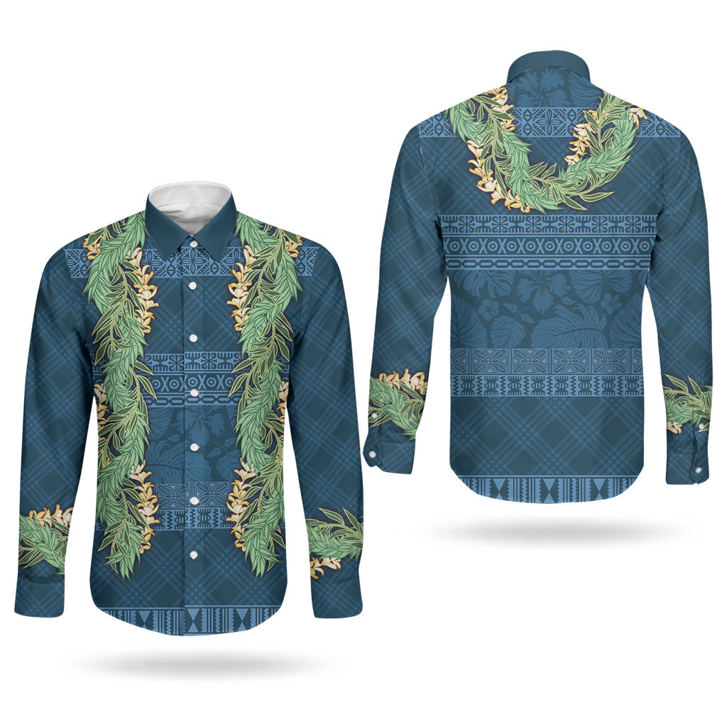 Hawai'i Paniolo Maile Twisted Lei Couples Matching Off The Shoulder Long Sleeve Dress and Long Sleeve Button Shirt Cobalt Blue LT7 - Polynesian Pride