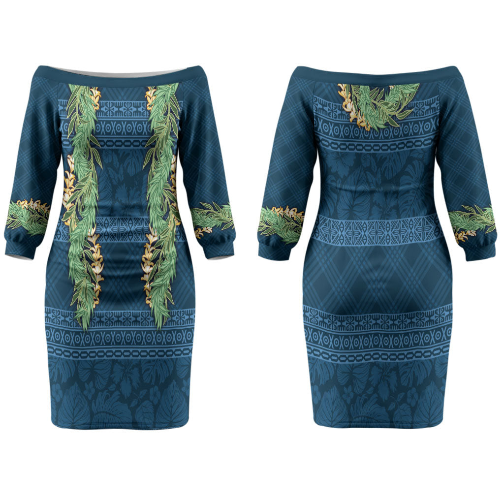 Hawai'i Paniolo Maile Twisted Lei Couples Matching Off The Shoulder Long Sleeve Dress and Long Sleeve Button Shirt Cobalt Blue LT7 - Polynesian Pride