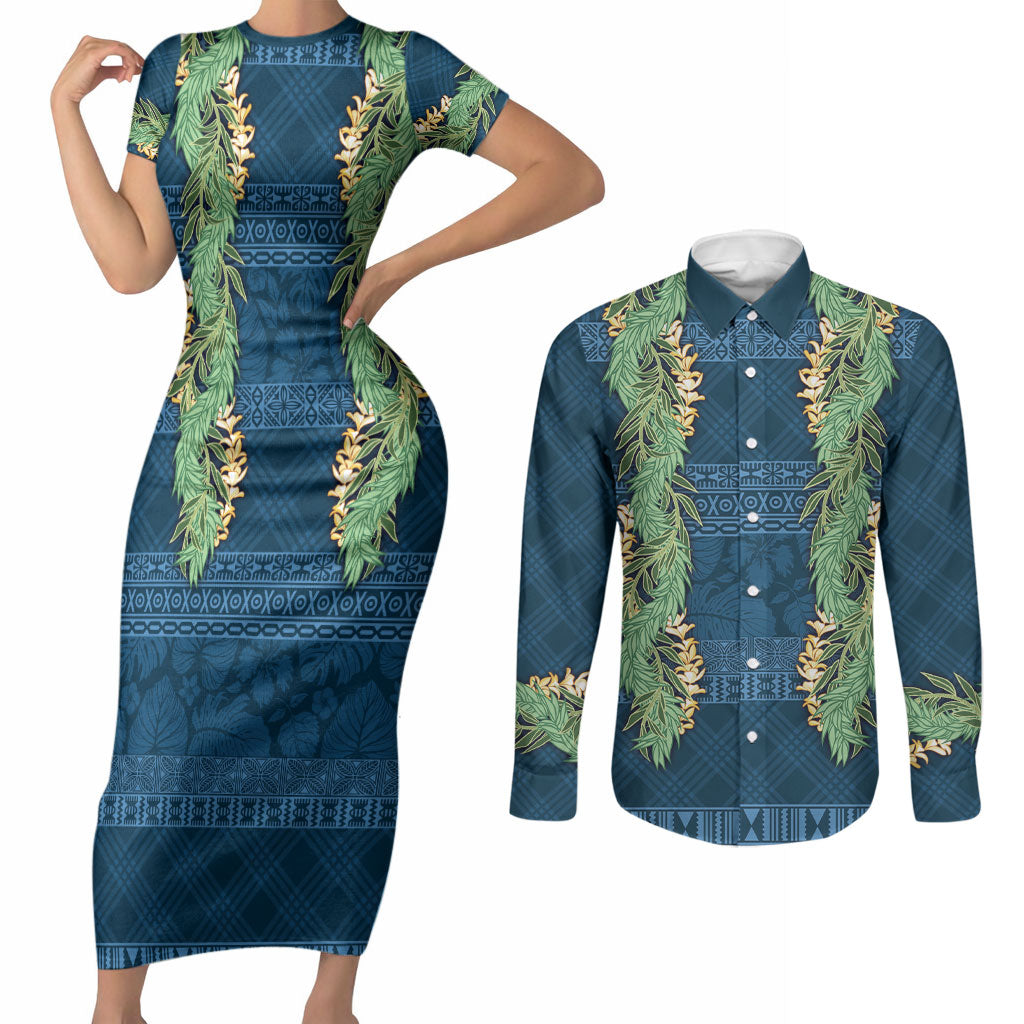 Hawai'i Paniolo Maile Twisted Lei Couples Matching Short Sleeve Bodycon Dress and Long Sleeve Button Shirt Cobalt Blue LT7 Cobalt Blue - Polynesian Pride