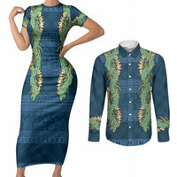 Hawai'i Paniolo Maile Twisted Lei Couples Matching Short Sleeve Bodycon Dress and Long Sleeve Button Shirt Cobalt Blue LT7 Cobalt Blue - Polynesian Pride