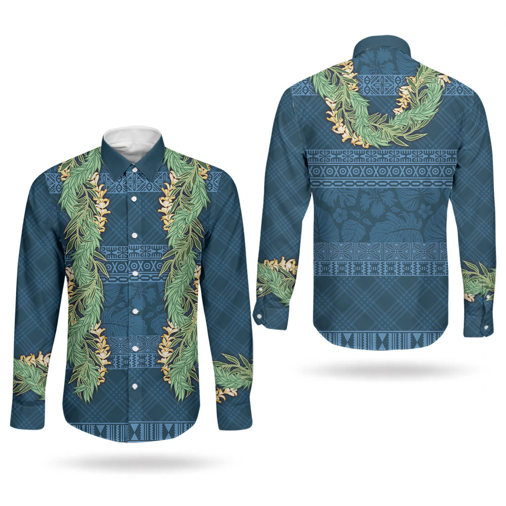 Hawai'i Paniolo Maile Twisted Lei Couples Matching Short Sleeve Bodycon Dress and Long Sleeve Button Shirt Cobalt Blue LT7 - Polynesian Pride